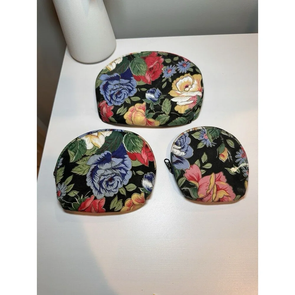 Vintage Quilted Floral Cosmetic Bag 3-Piece Set Travel Makeup Pouches
